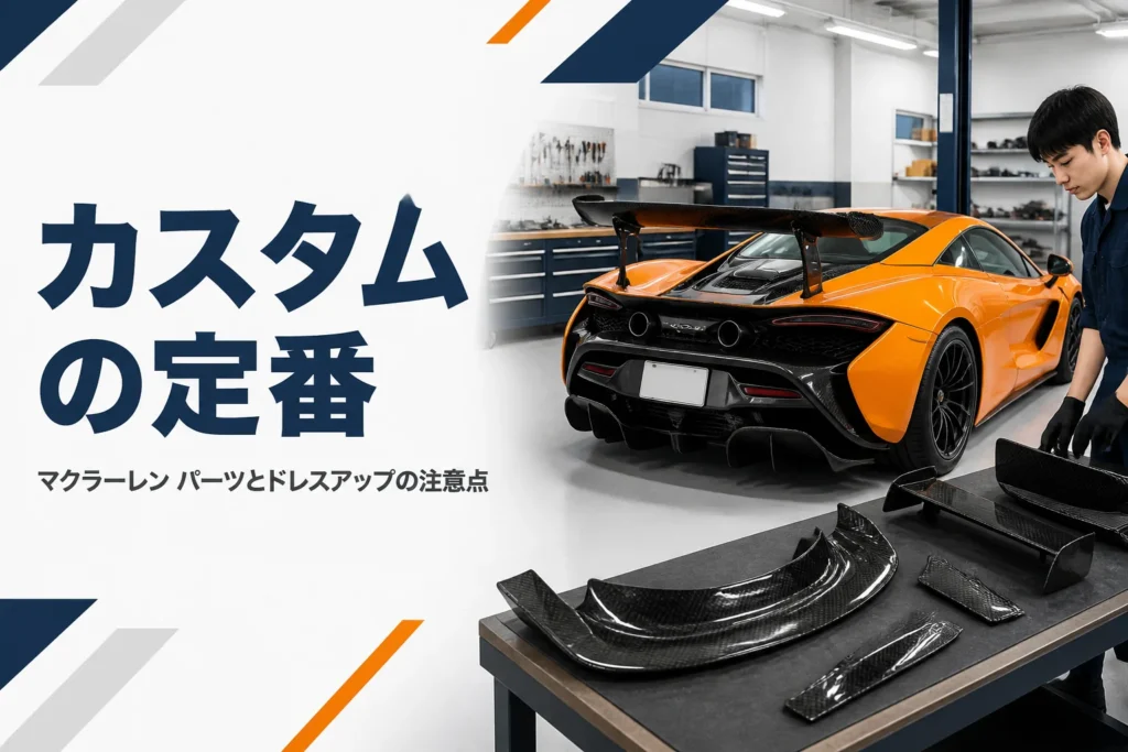 ガレージでカーボン部品を付けたスポーツカーを斜め後ろから見た様子