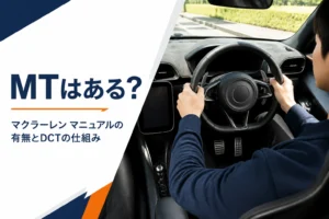 シフトパドル付きのハンドルと2ペダルの足元が見えるスポーツカーの運転席