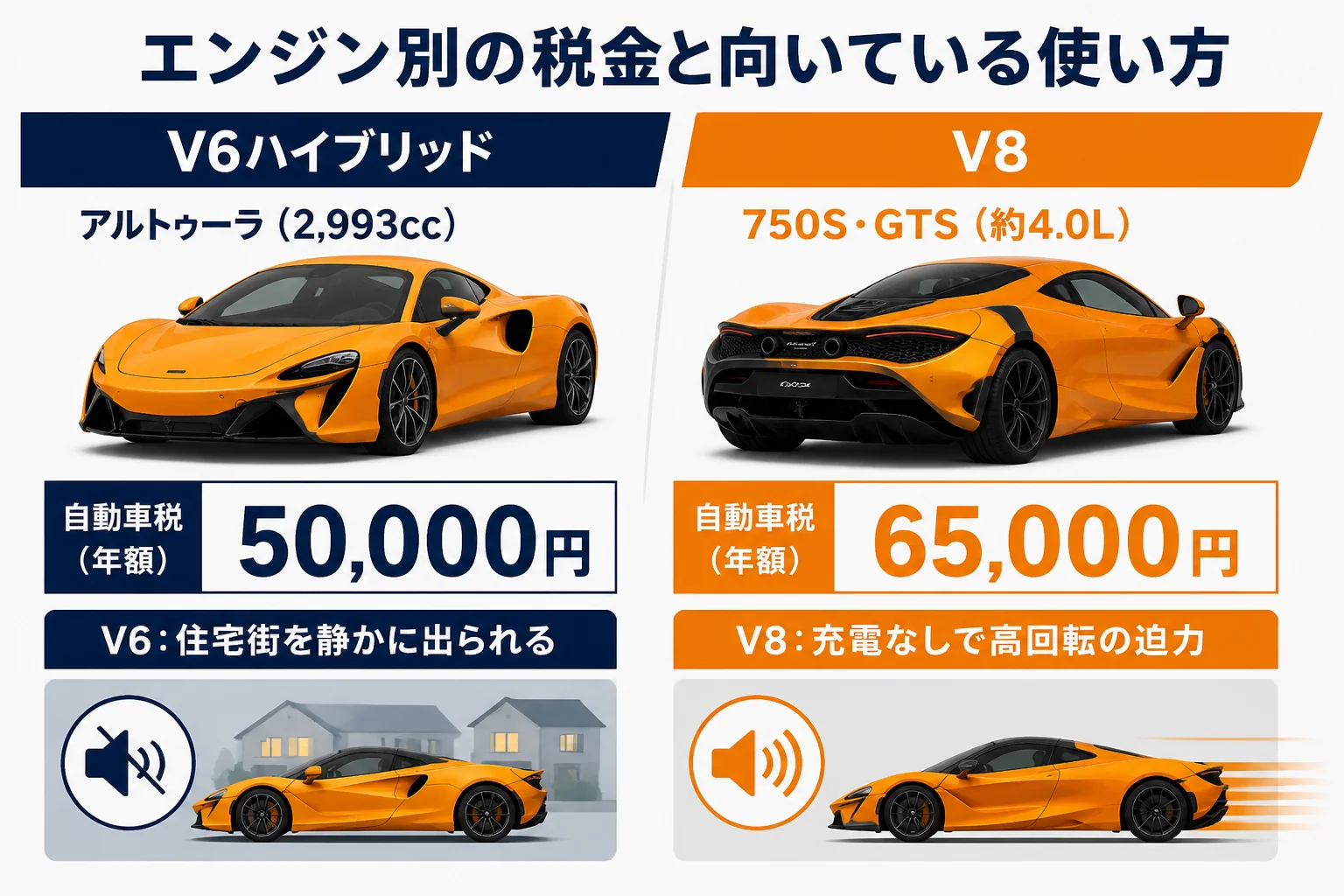 エンジン別の自動車税と向いている使い方を比べた図解
