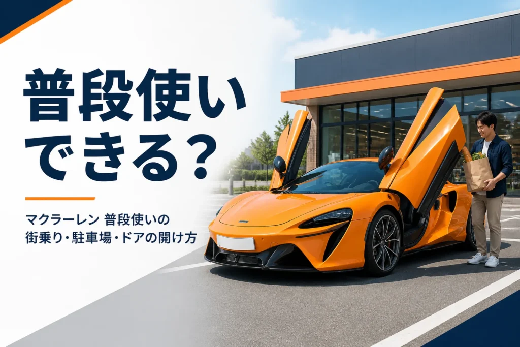 ドアを斜め上に開けて街の平置き駐車場に止まる低いスポーツカー