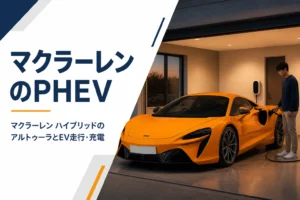 ガレージで充電中の低いミッドシップスポーツカー