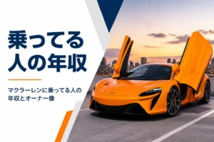 ドアを斜め上に開いたオレンジ色のスーパーカーが夕方の駐車場に止まっている様子