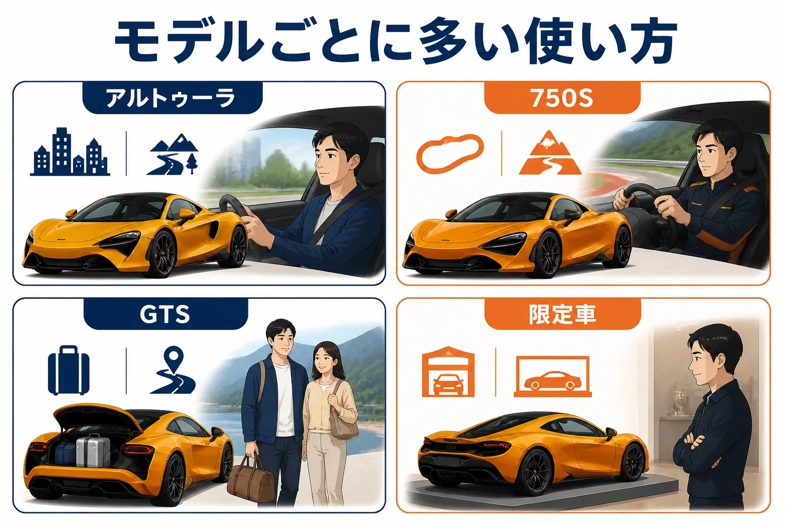 マクラーレンのオーナー像とモデルごとの使い方の図解