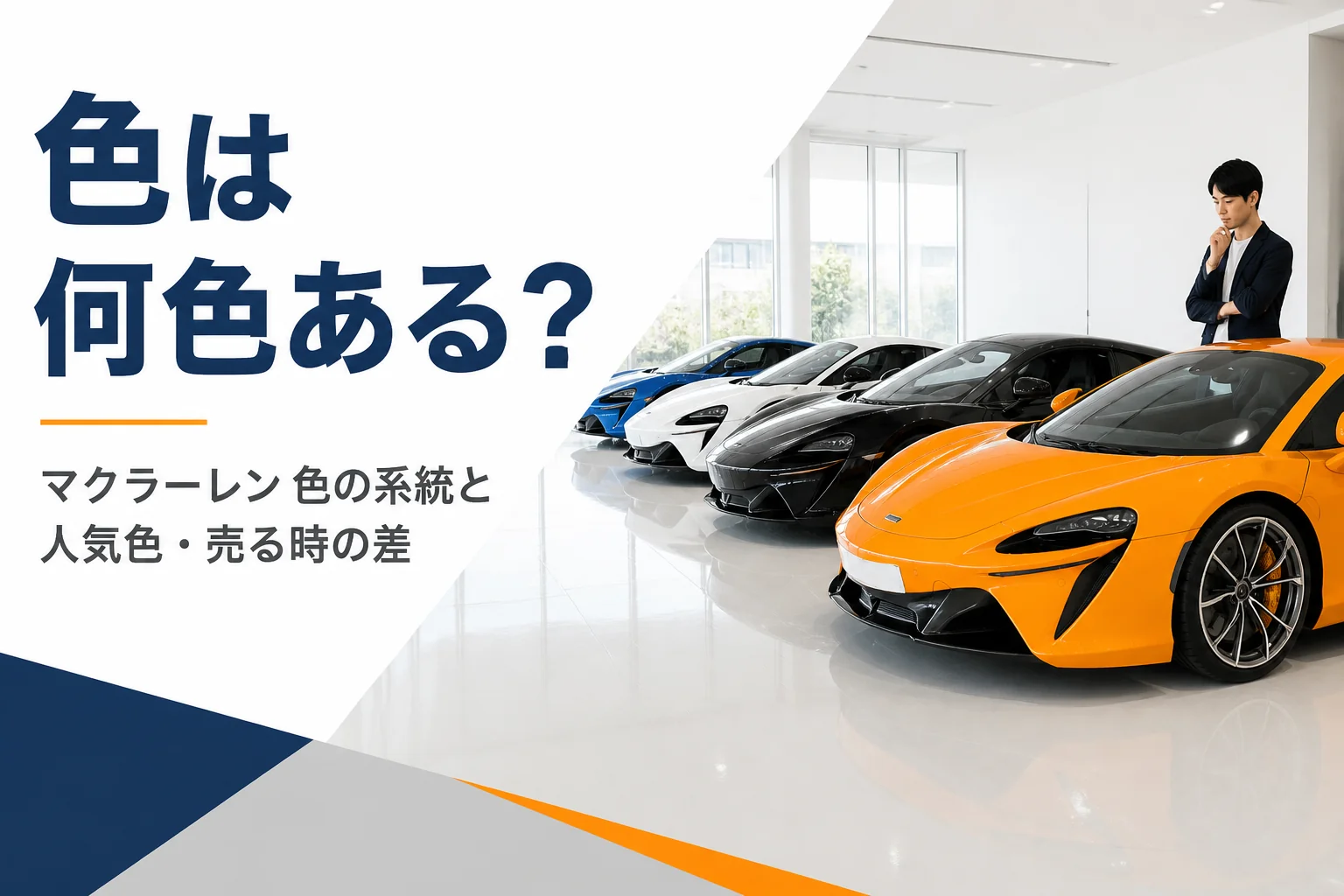 オレンジ・黒・白・青のスポーツカーがショールームに並ぶ様子