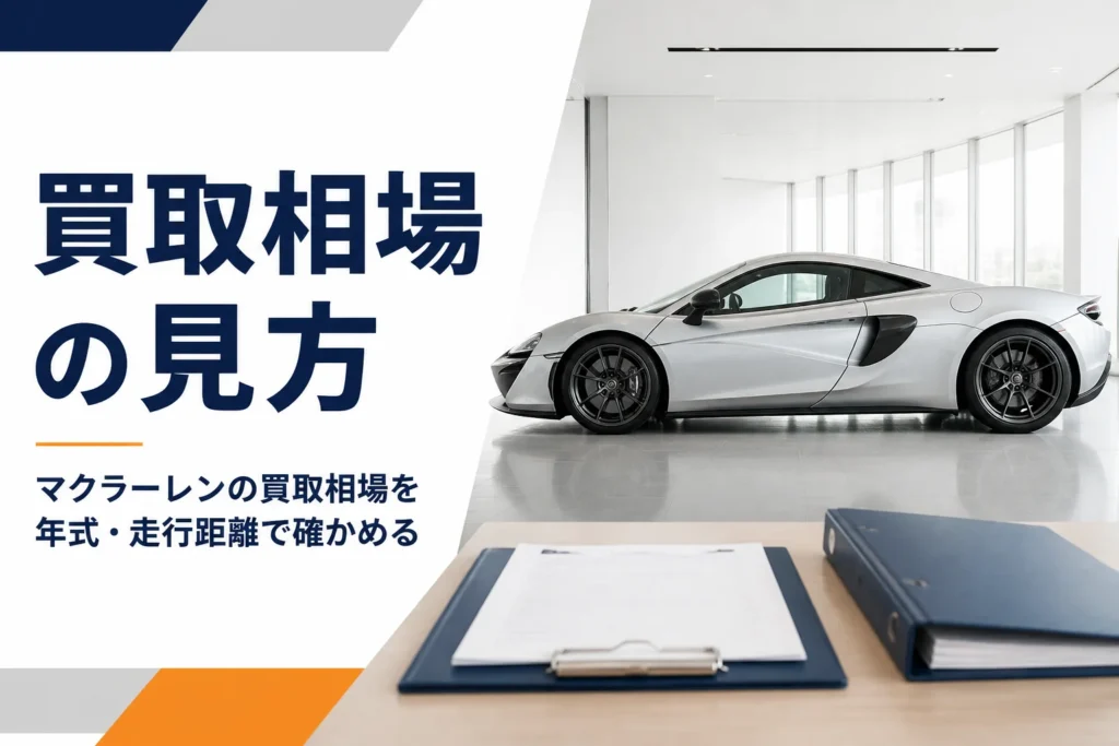 ショールームに停まるシルバーのスーパーカーと査定書類