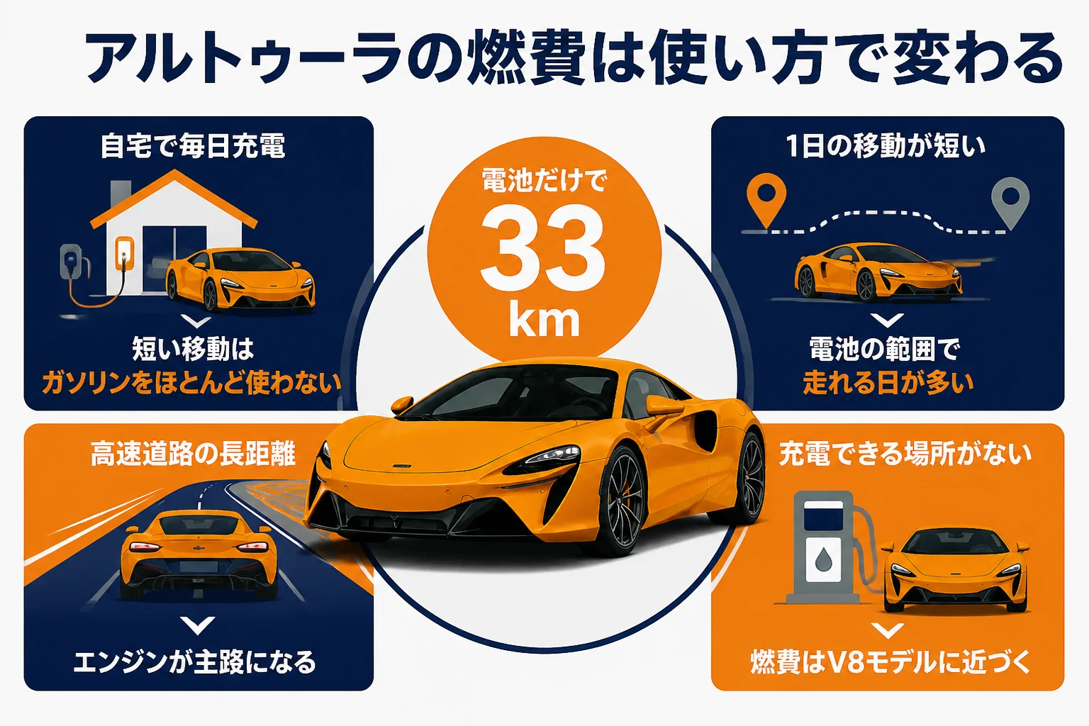 アルトゥーラの燃費が使い方で変わる様子を示した図解