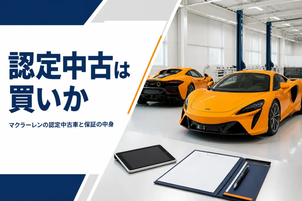 整備工場のショールームに並ぶスーパーカーと点検書類