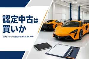 整備工場のショールームに並ぶスーパーカーと点検書類