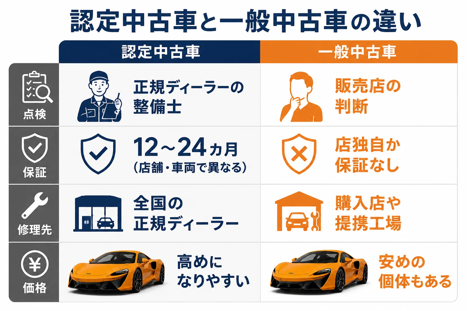 マクラーレンの認定中古車と一般中古車の違いを比べた図解