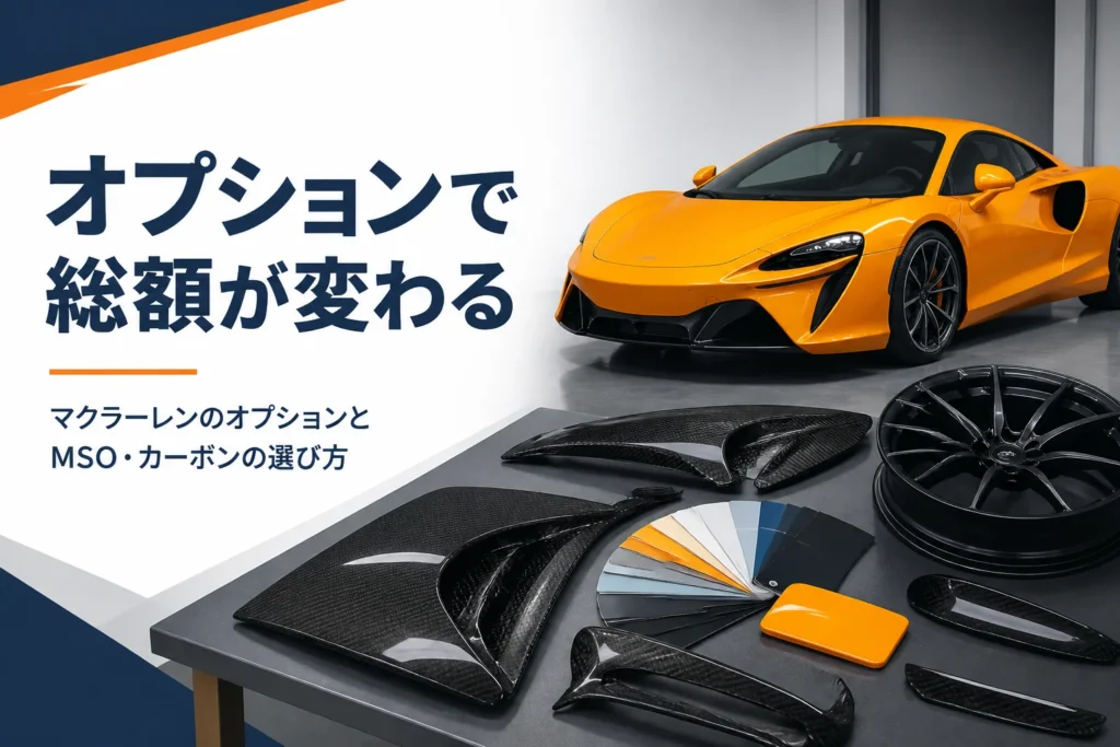 マクラーレンのオプション選びに使うカーボンパーツと塗装サンプルのイメージ