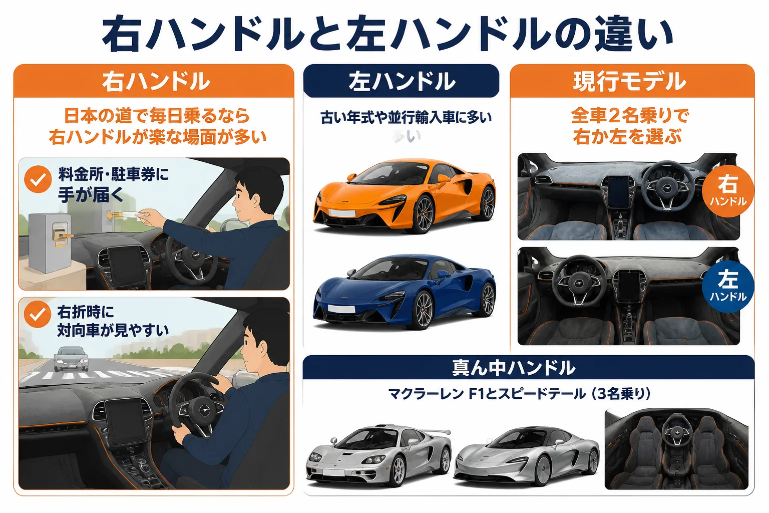 マクラーレンの右ハンドルと左ハンドルの違いを比べた図解