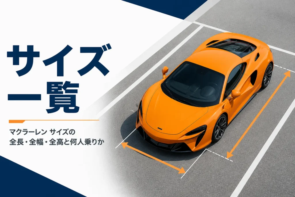 駐車場の白線の中に止まった低いスポーツカーと寸法を示す線