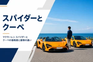 屋根を開けたオープンスポーツカーと屋根付きクーペが並ぶ様子
