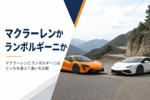 山道の路肩に向かい合って停まる2台のスーパーカー